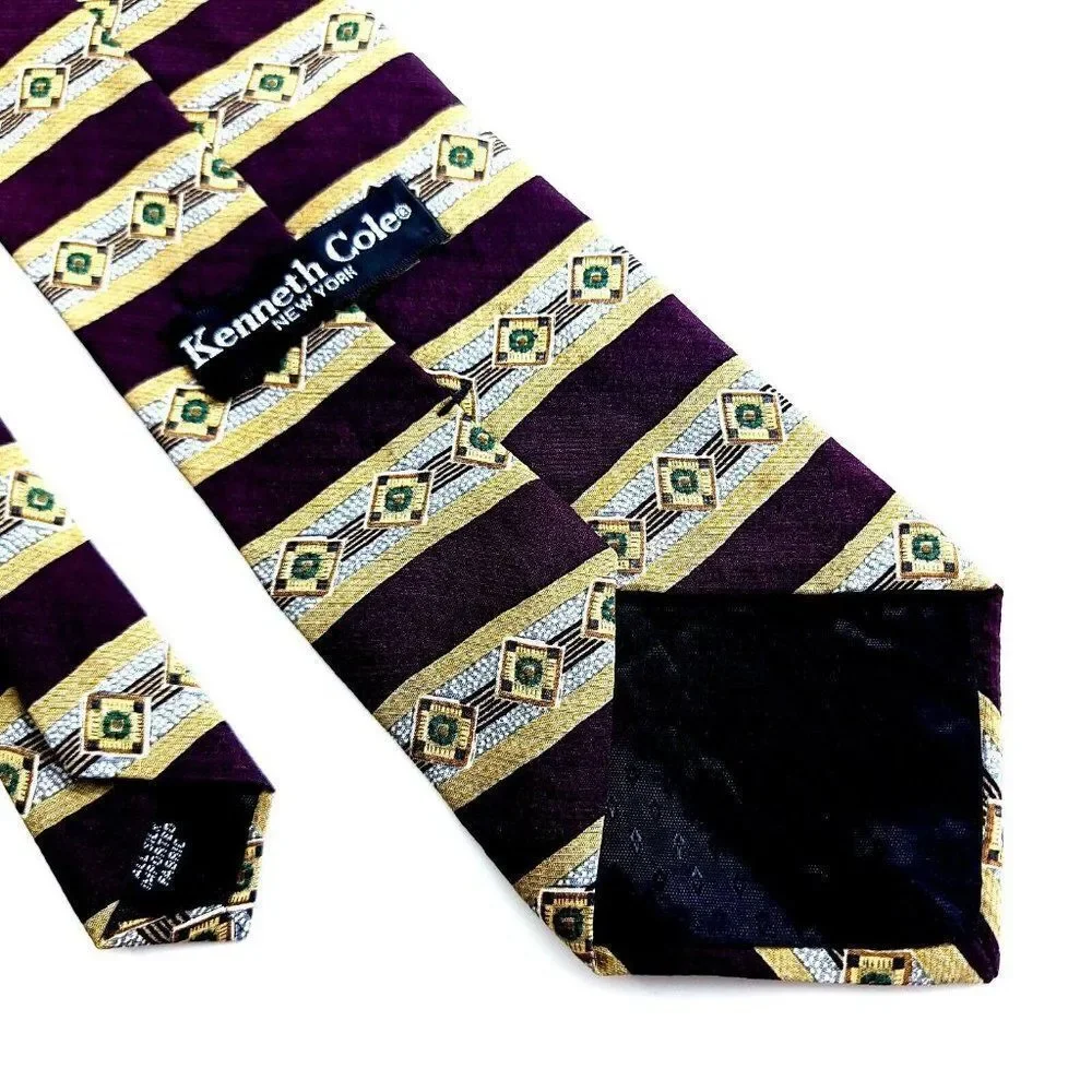Kenneth Cole Maroon‎ Tan Abstract Striped Print Wide Silk Tie